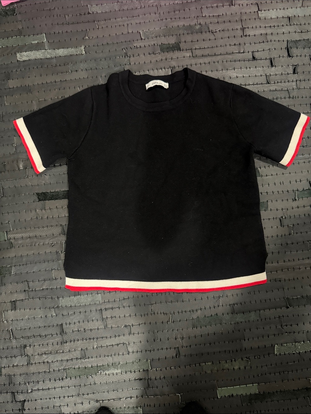 Zara Black Short Sleeve Knit Top with Red & White Trim